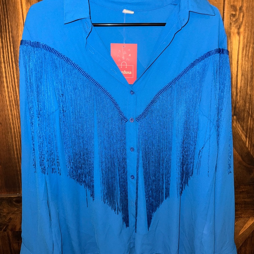 Versona Vibrant Blue Fringe Blouse